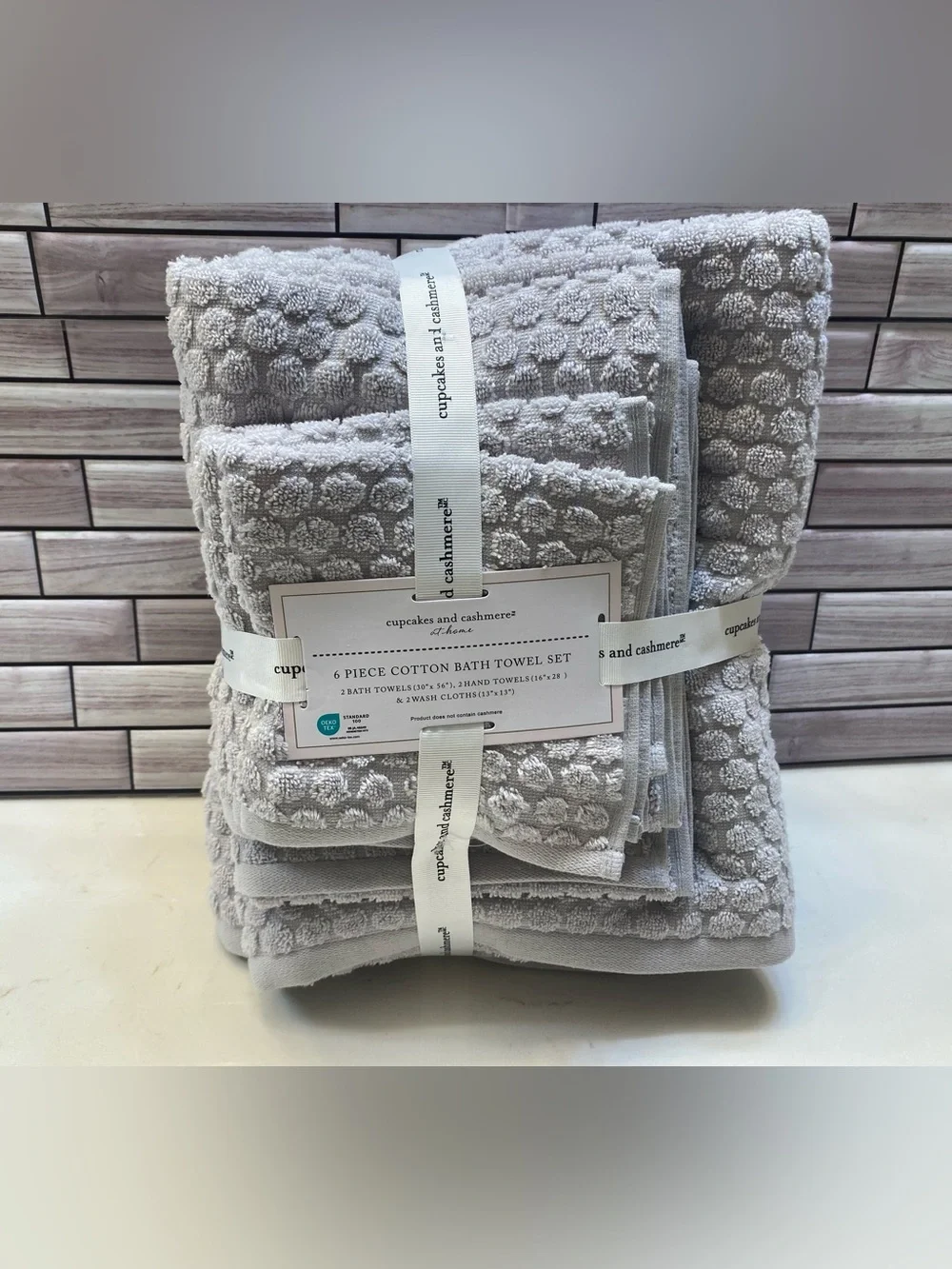 Cupcakes and Cashmere ❤️Polka dot (6) cotton Bath Towel Set NWT Light Gray